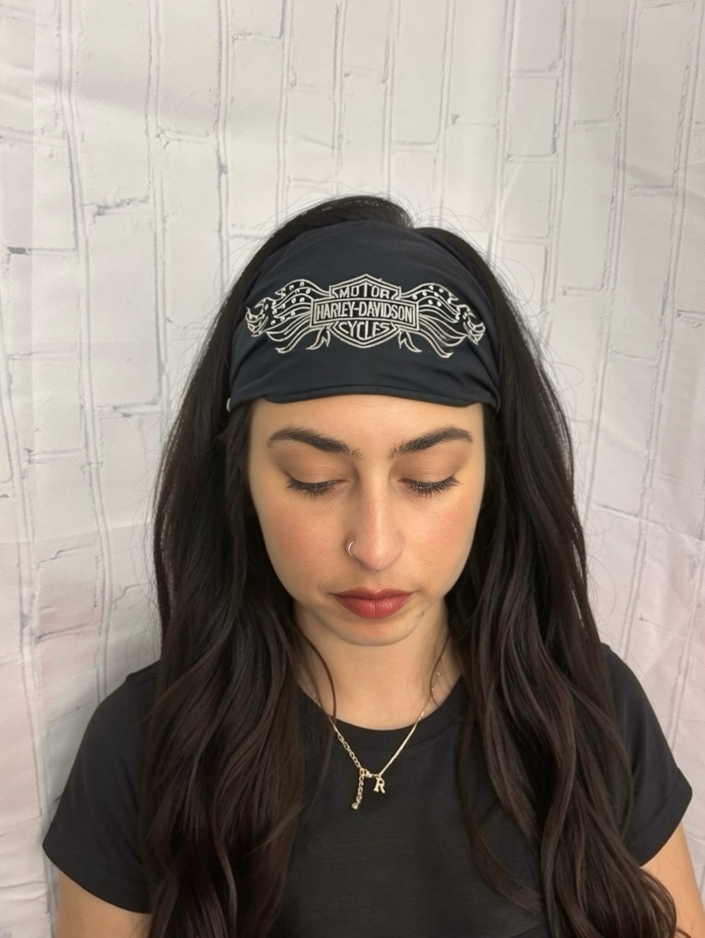Vintage Y2K Harley Davidson Hair Bandana Black Rhinestone Flame Logo Head Scarf